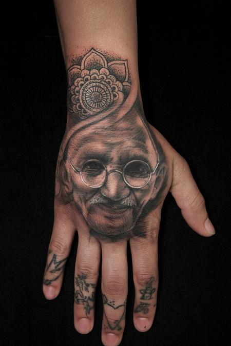 Ryan Mullins - Black and Grey Portrait Tattoo of Gandhi